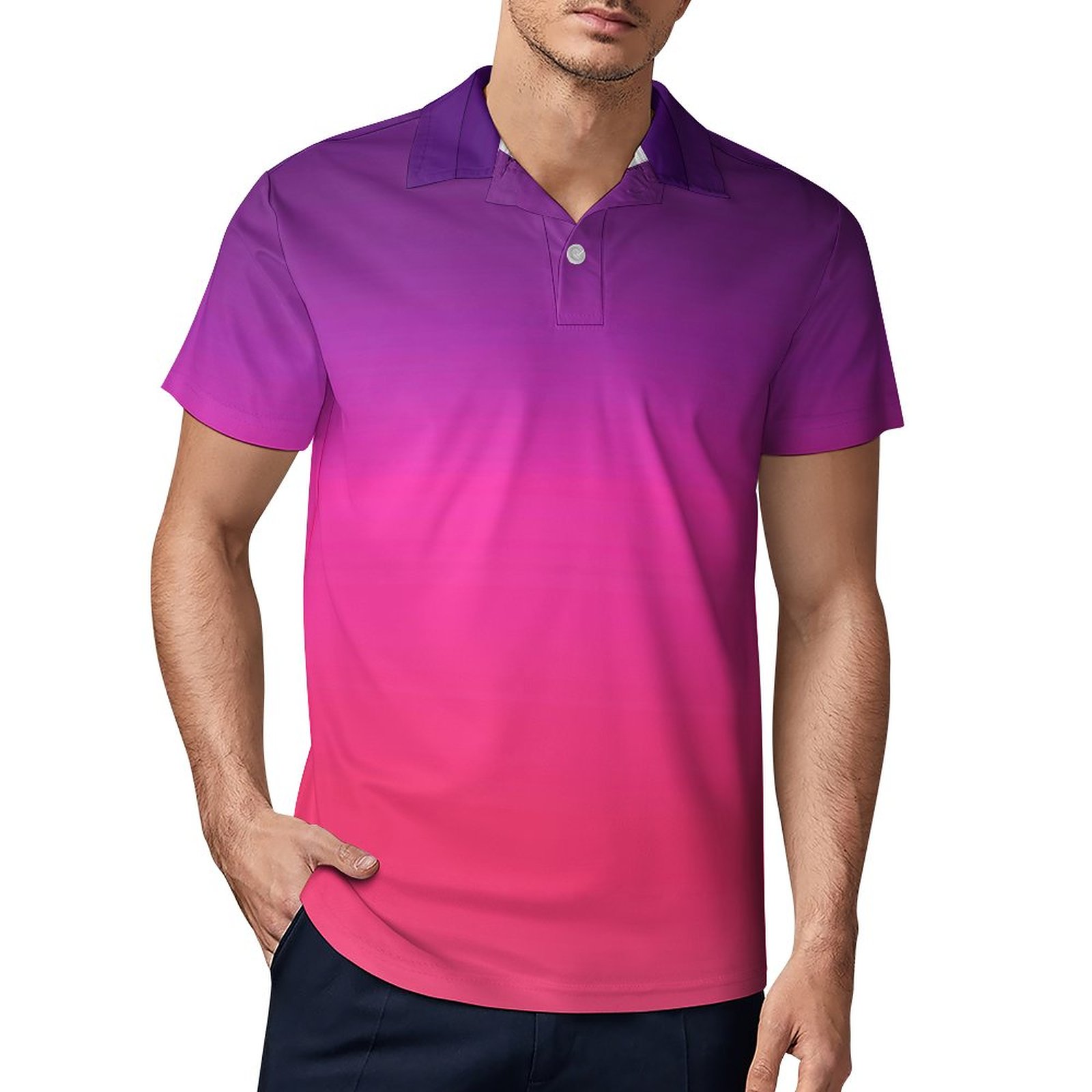 Men'S Fashion Pink Shirt - Ombre Abstrakcyjna Koszulka Polo Neonowa Fioletowa