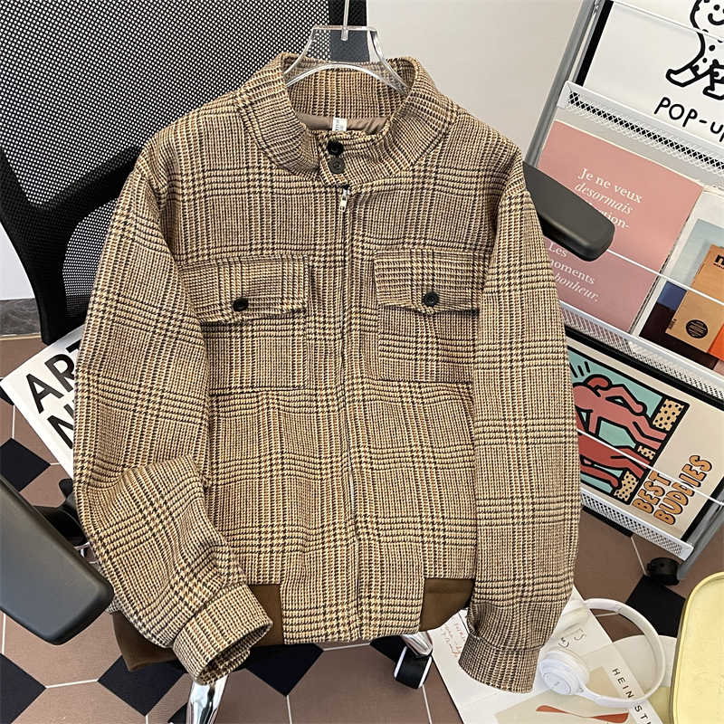 Harrington Jacket - Damska brązowa kurtka w kratę na